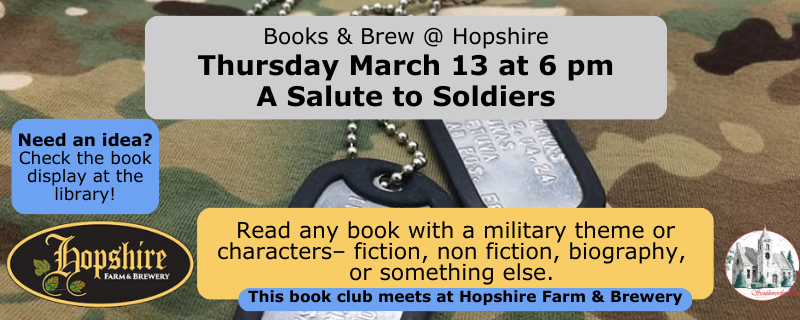 Dog tags and camo background with notice for the books & Brew book club meeting on Thursday, March 13 at 6 pm at Hopshire Farm & Brewery.