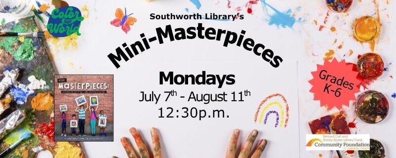 The image features a messy table filled with art supplies and paint covered hands. To the left of the hands is a picture of the book Mini Masterpieces.