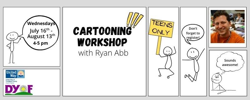 The image is set up as a black and white cartoon strip with several stick figures. There is also a picture of Ryan Abb in color.