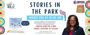 Stories in the park on August 8th at 10:00 am. Join Ms. cORBETT for Storytime AT Montgomery PARK AT 10:00AM with A SPECIAL APPEARNENCE FROM Senator Webb FOR a BIRD THEMED Storytime AT 11:00AM Montgomery Park 36 E Main St, Dryden, NY 13053. This image has a plain white background with a border of rainbows. There is an image of Senator Webb and our giveaway book— Catching Flight.
